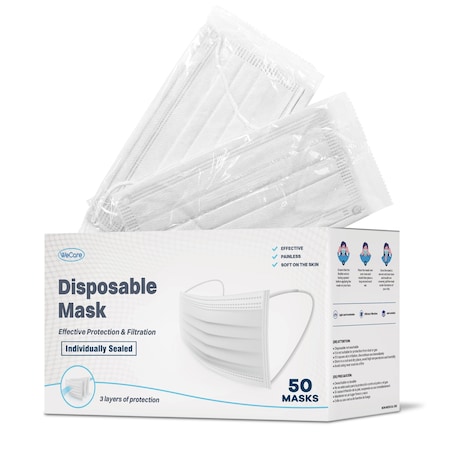 Wecare Individually Wrapped Face Masks, White, 50PK WC-WMN100018-WT-FACE-MASK-50PK-1